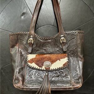 American West Embossed Brown Leather Bag w Cowhide & concealed carry pocket